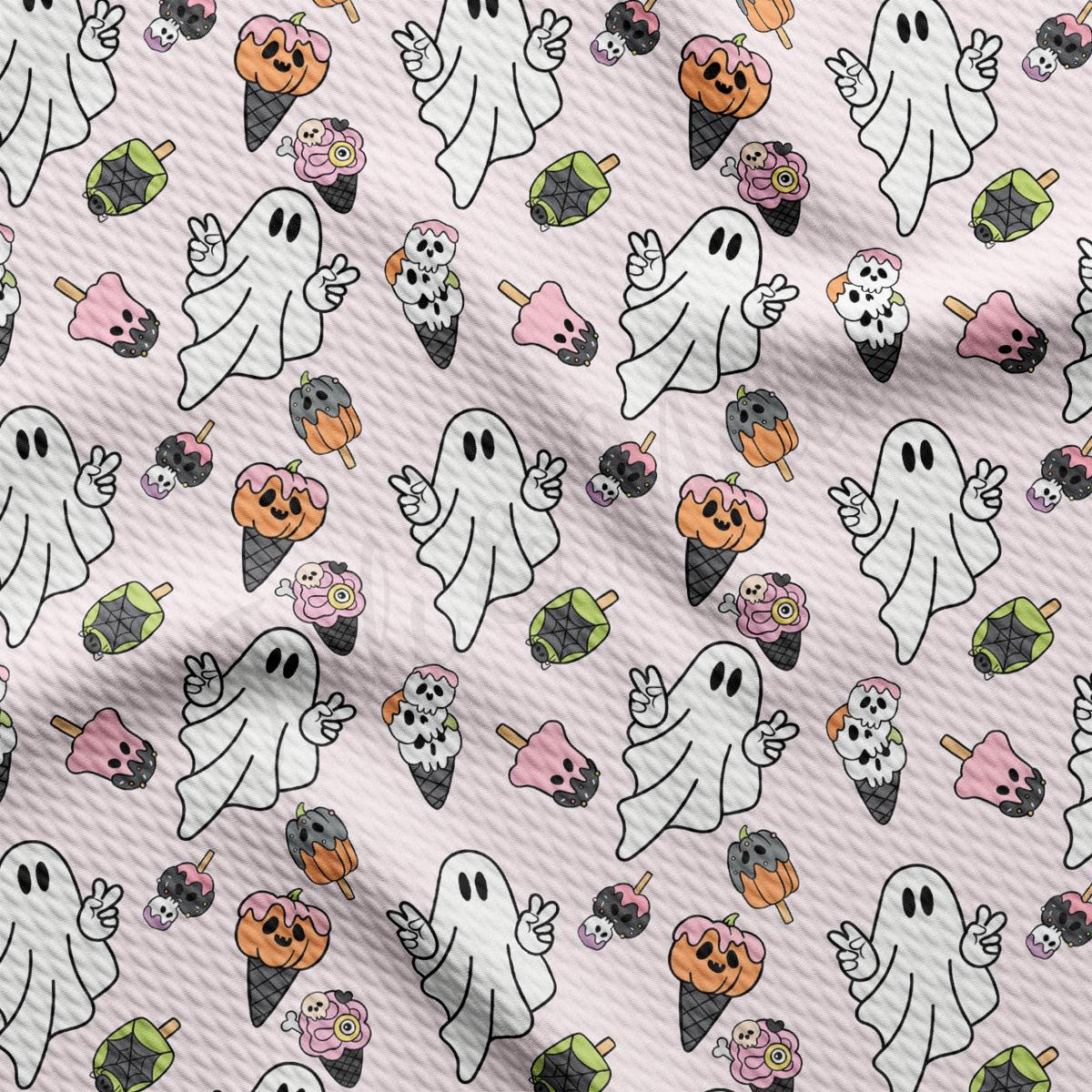 a pattern of ghost and pumpkins on a pink background