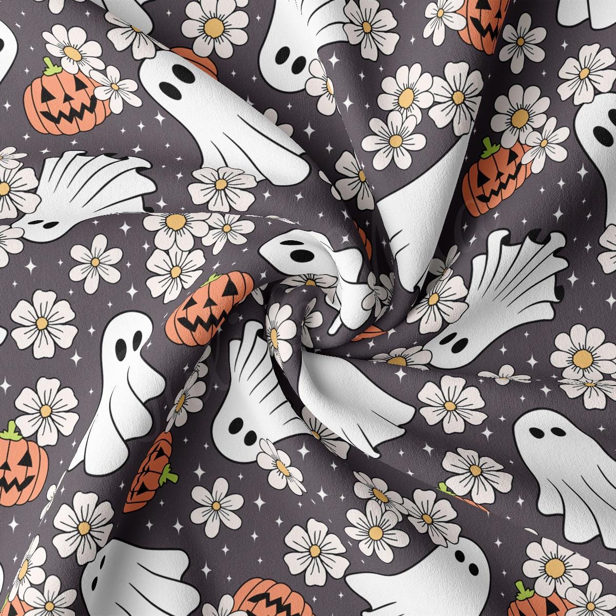 a pattern of ghost and flowers on a black background