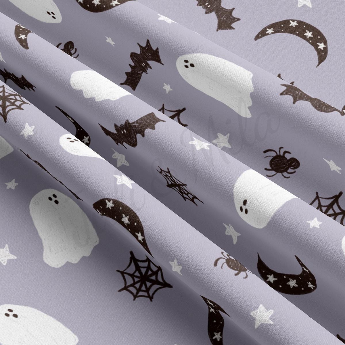a close up of a purple background with ghost and stars