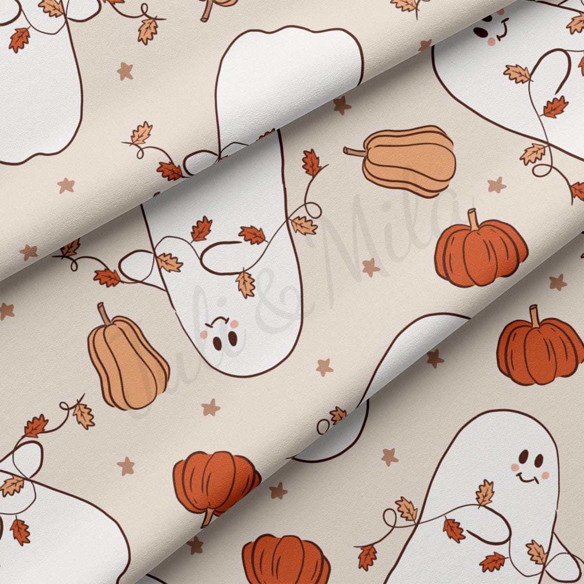 a pattern of pumpkins and ghost faces on a white background