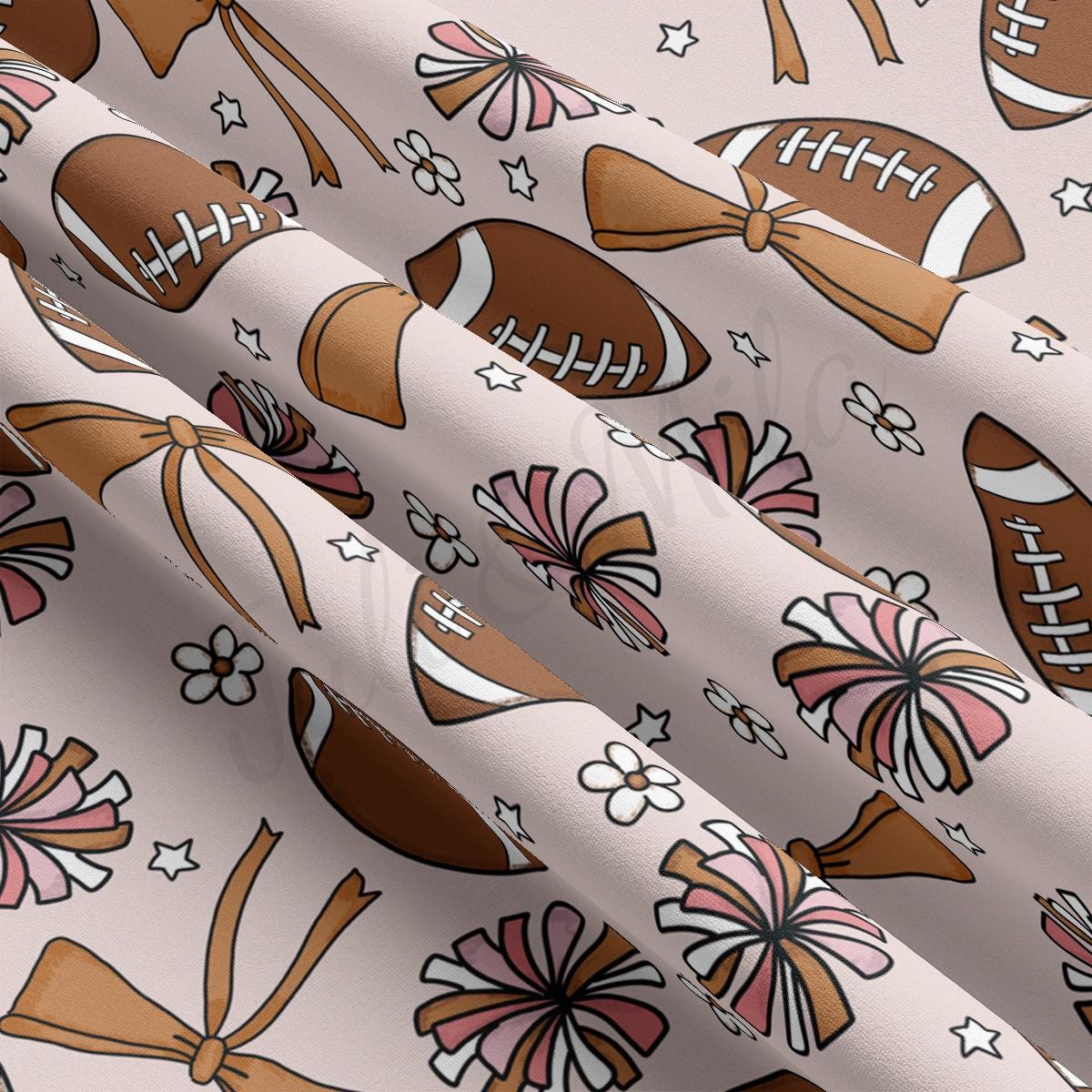 a pattern of footballs and bows on a pink background