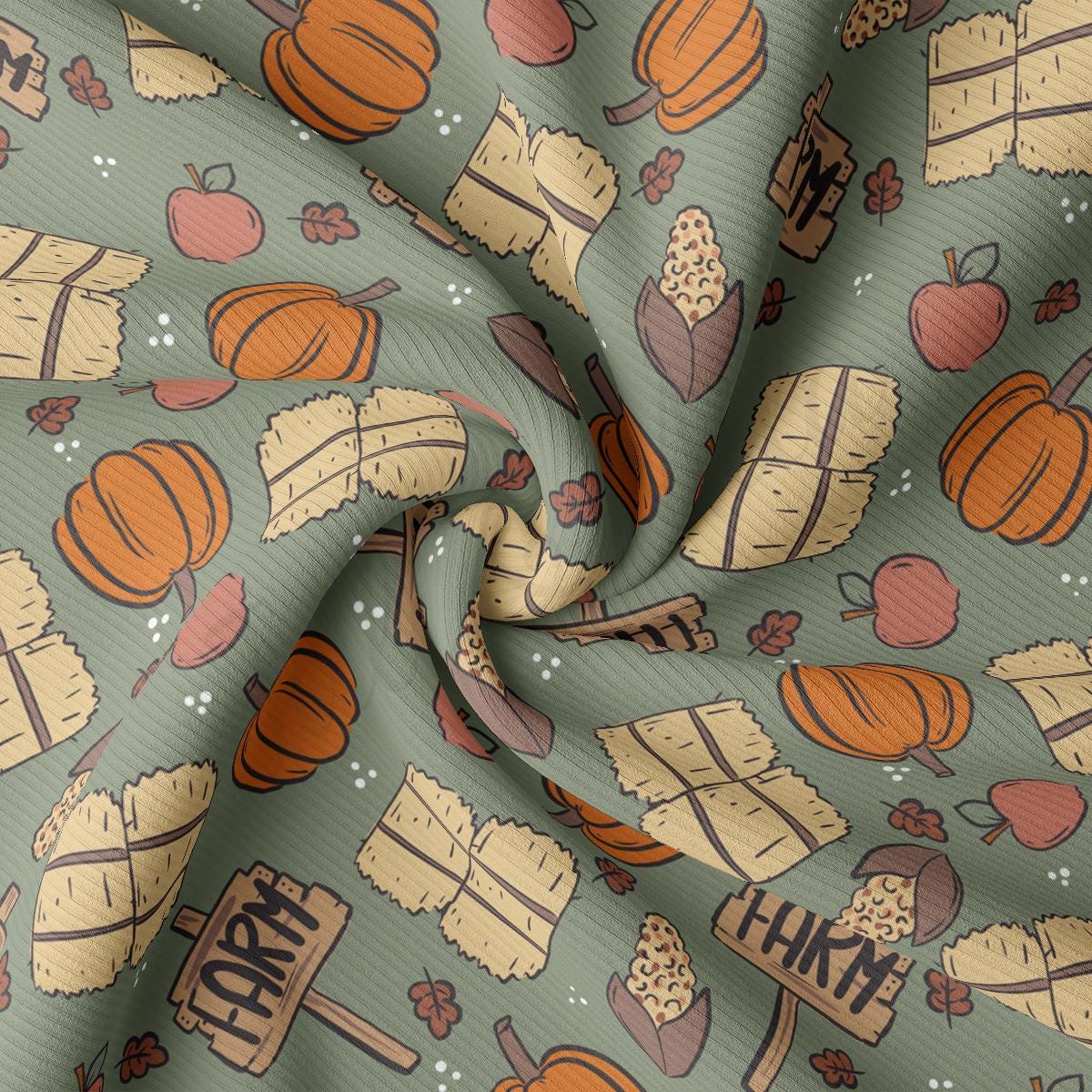 a pattern of pumpkins and cake on a green background