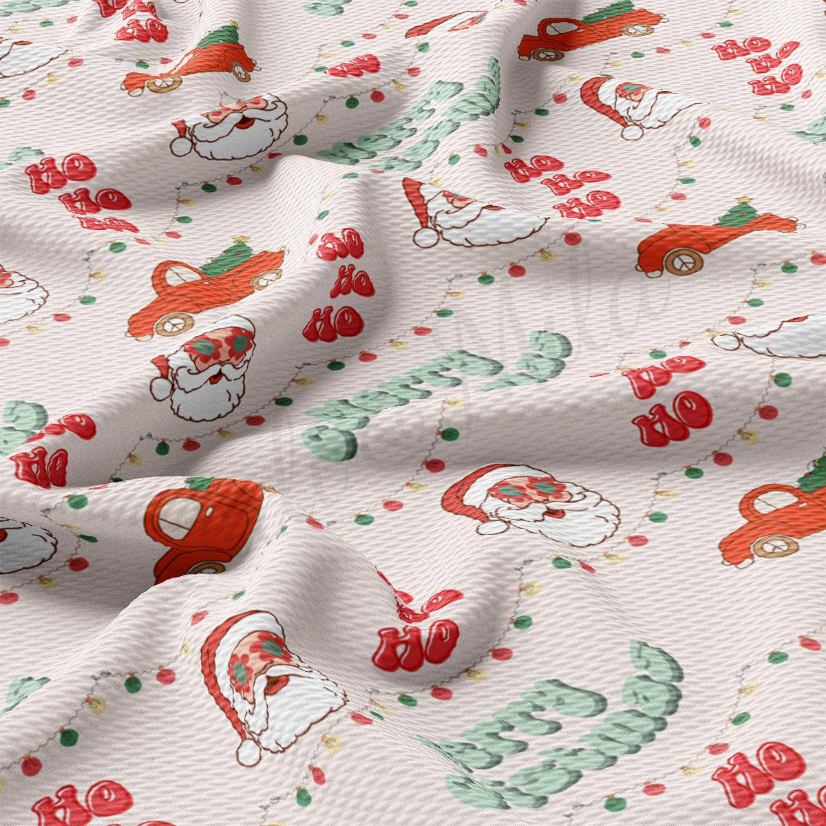 a white fabric with a santa clause pattern
