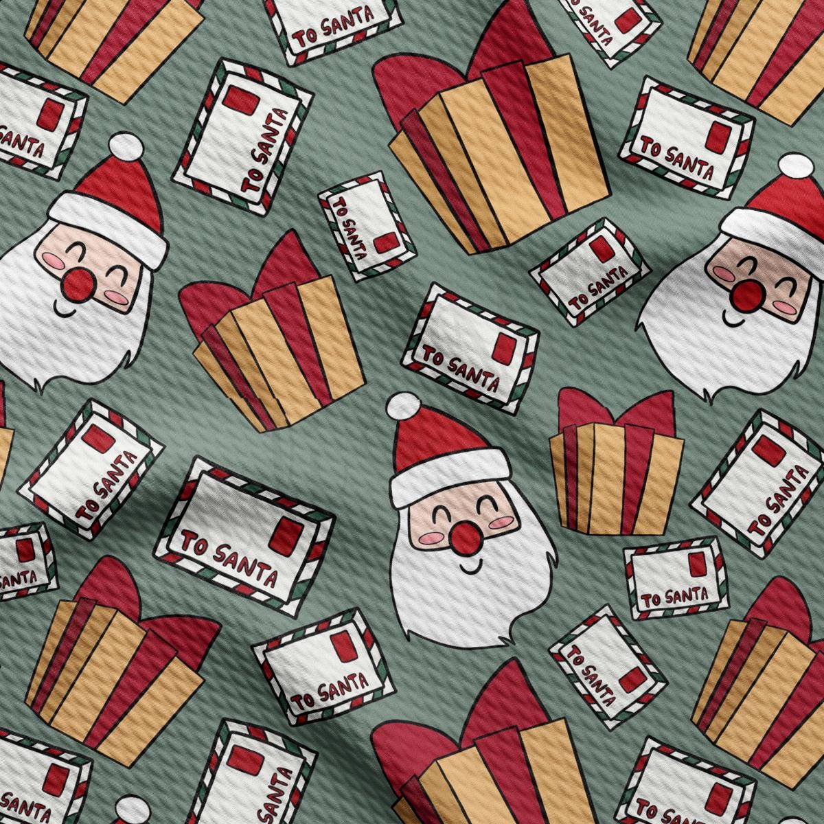 a green background with a pattern of santa and cupcakes