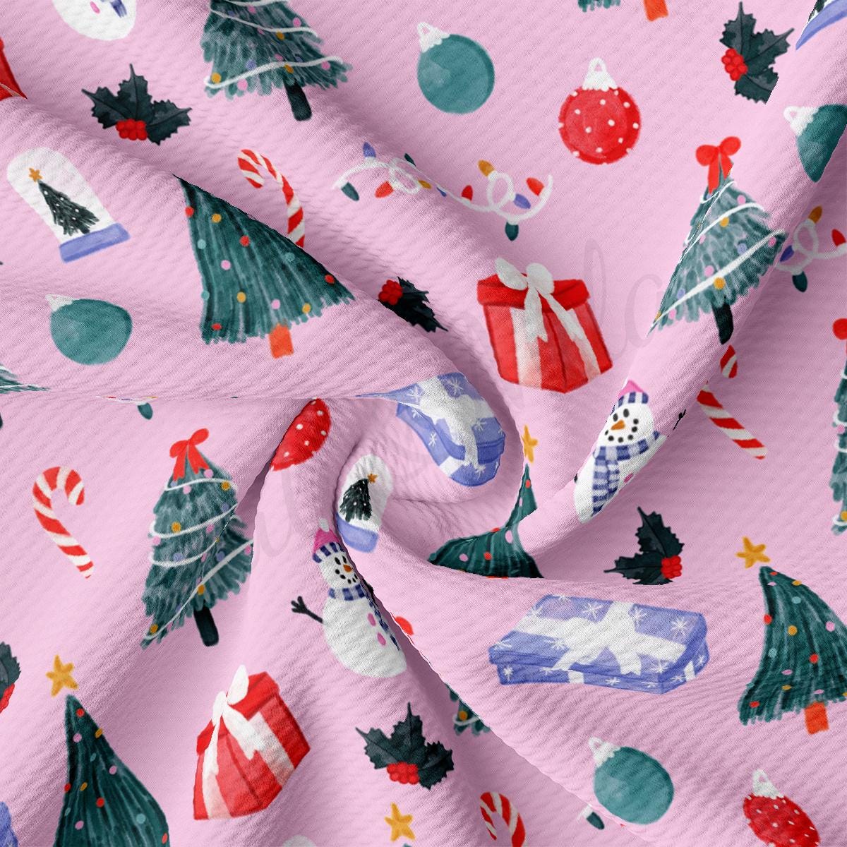 a pink background with christmas trees and presents