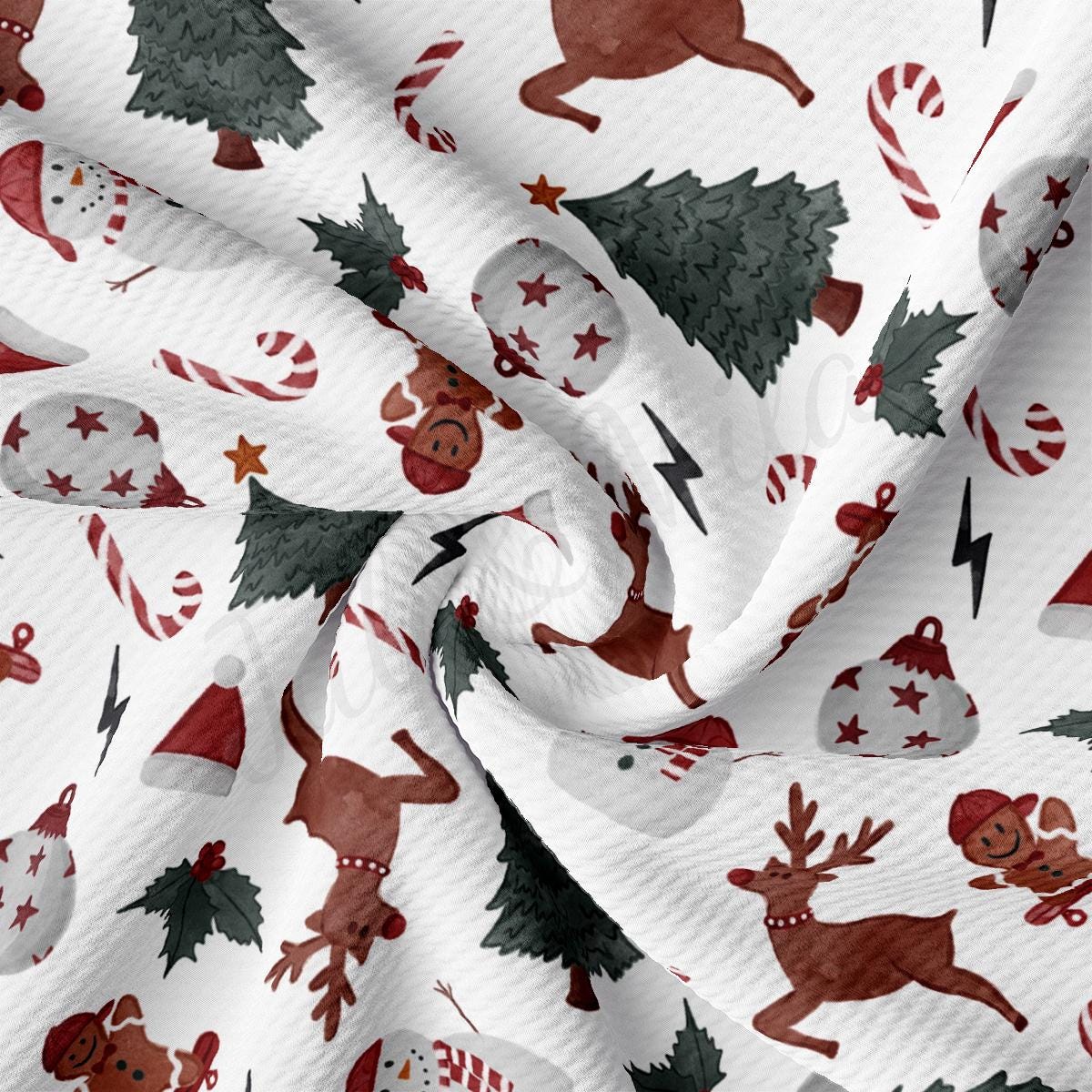 a white fabric with red and green christmas decorations