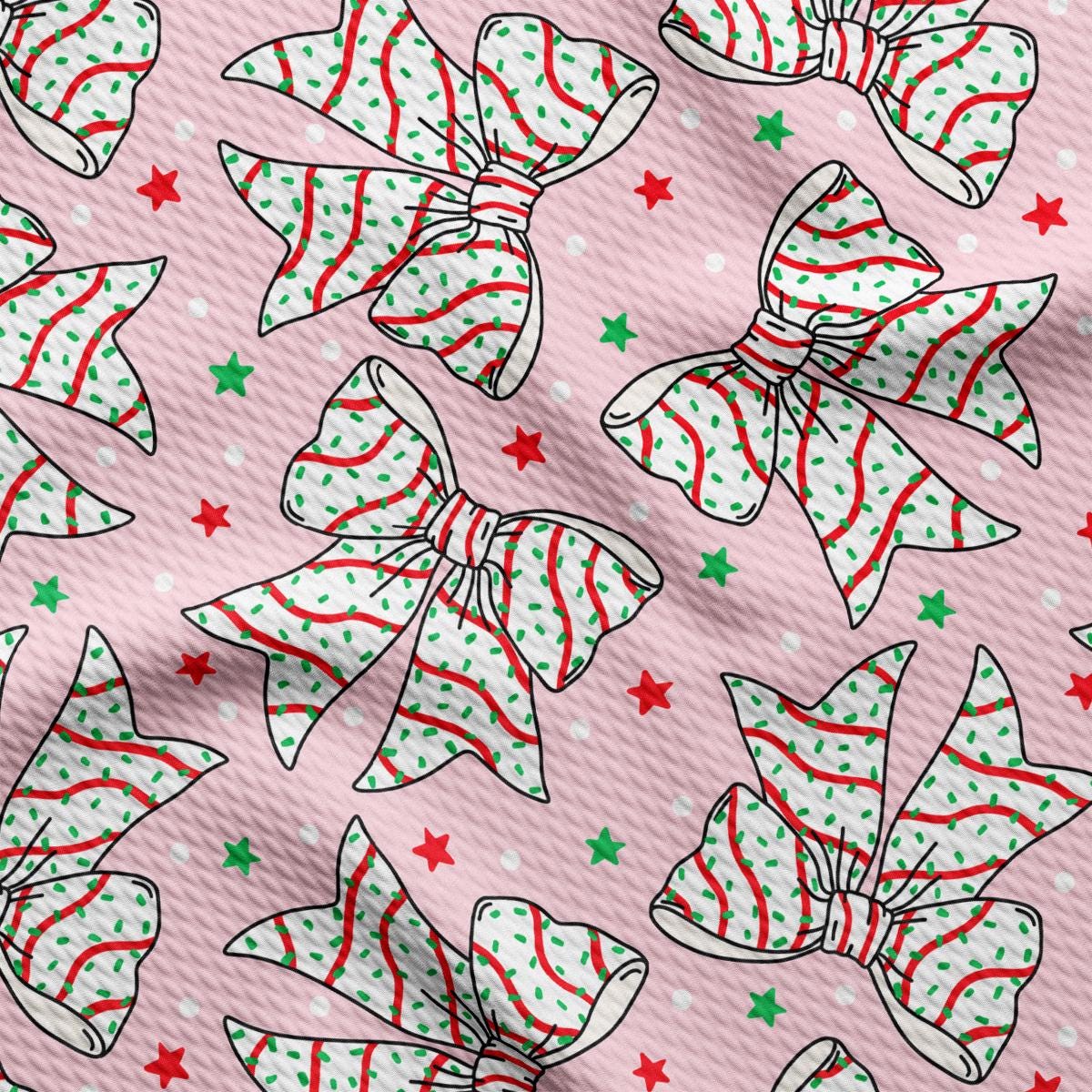 a pink background with red, white and green bows