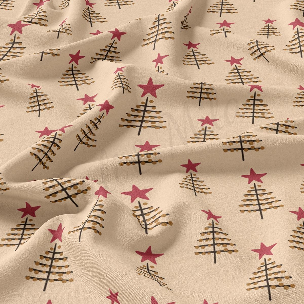 a white fabric with red stars and trees on it