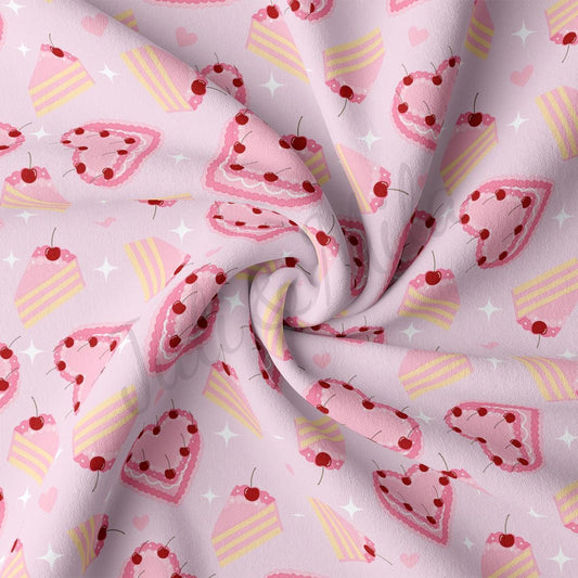 a pink fabric with a pattern of cupcakes and cherries