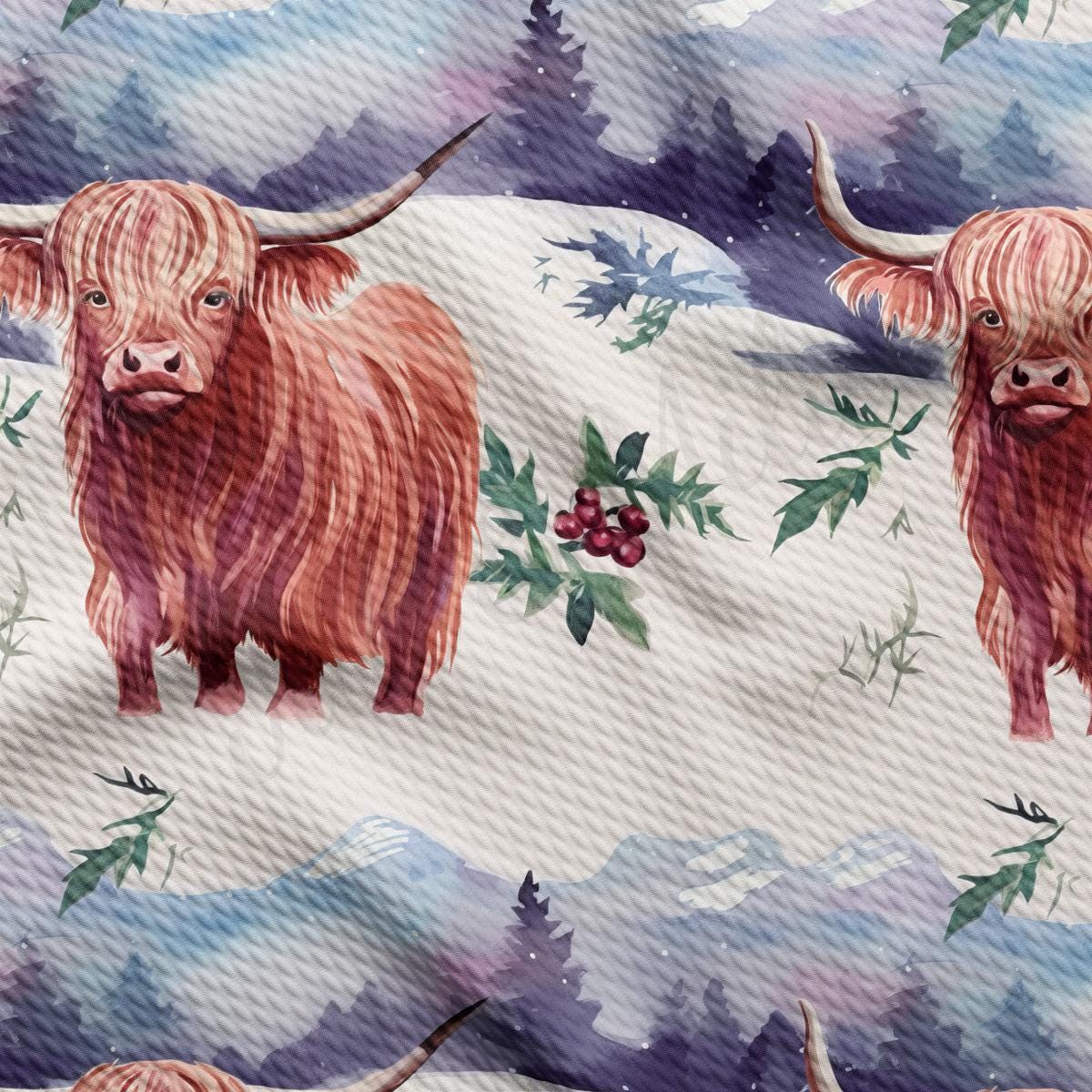 a watercolor painting of a highland cow in the snow