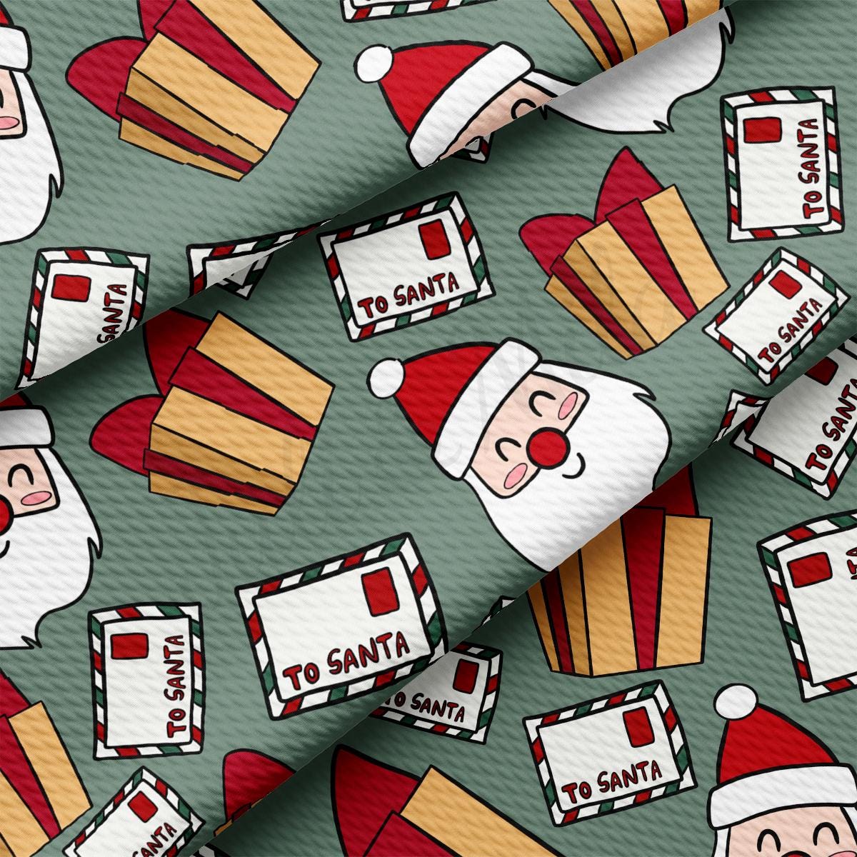a christmas wrapping paper with santa and cupcakes on it