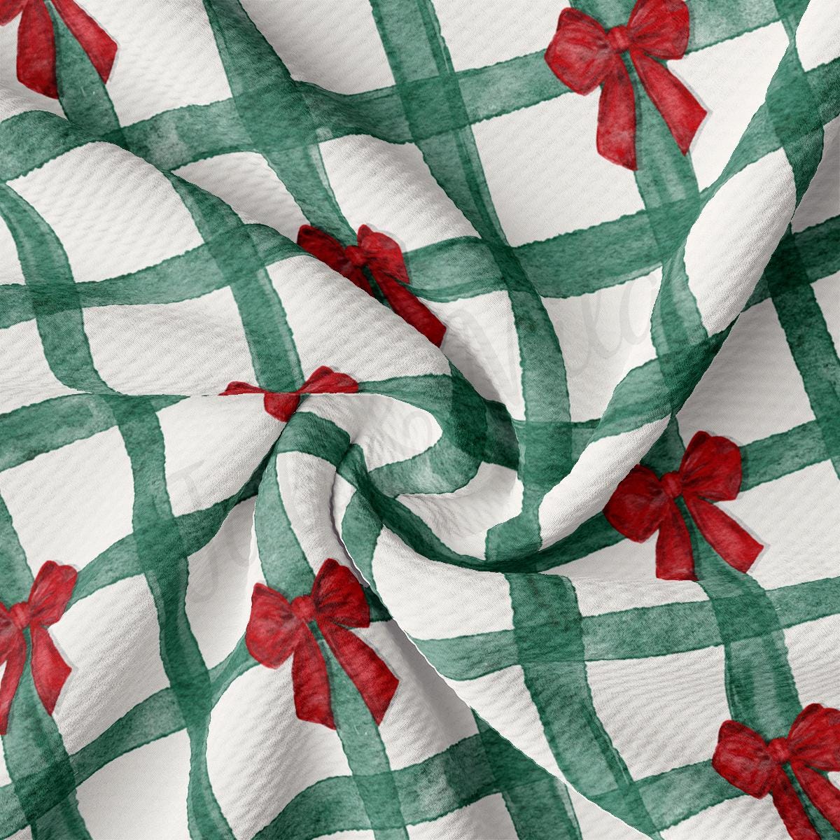 a green and white checkered fabric with red bows