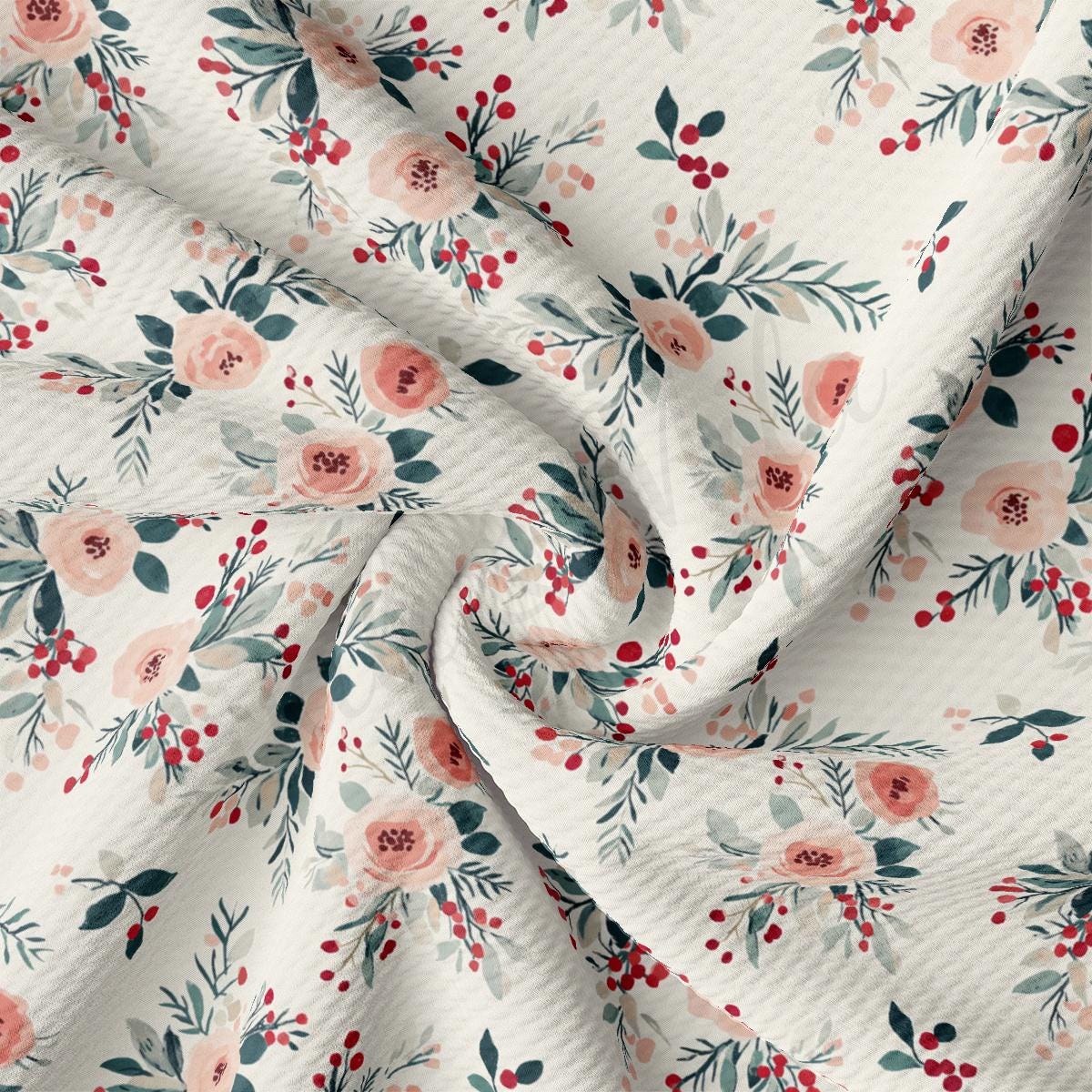 a white floral print fabric with red and green flowers