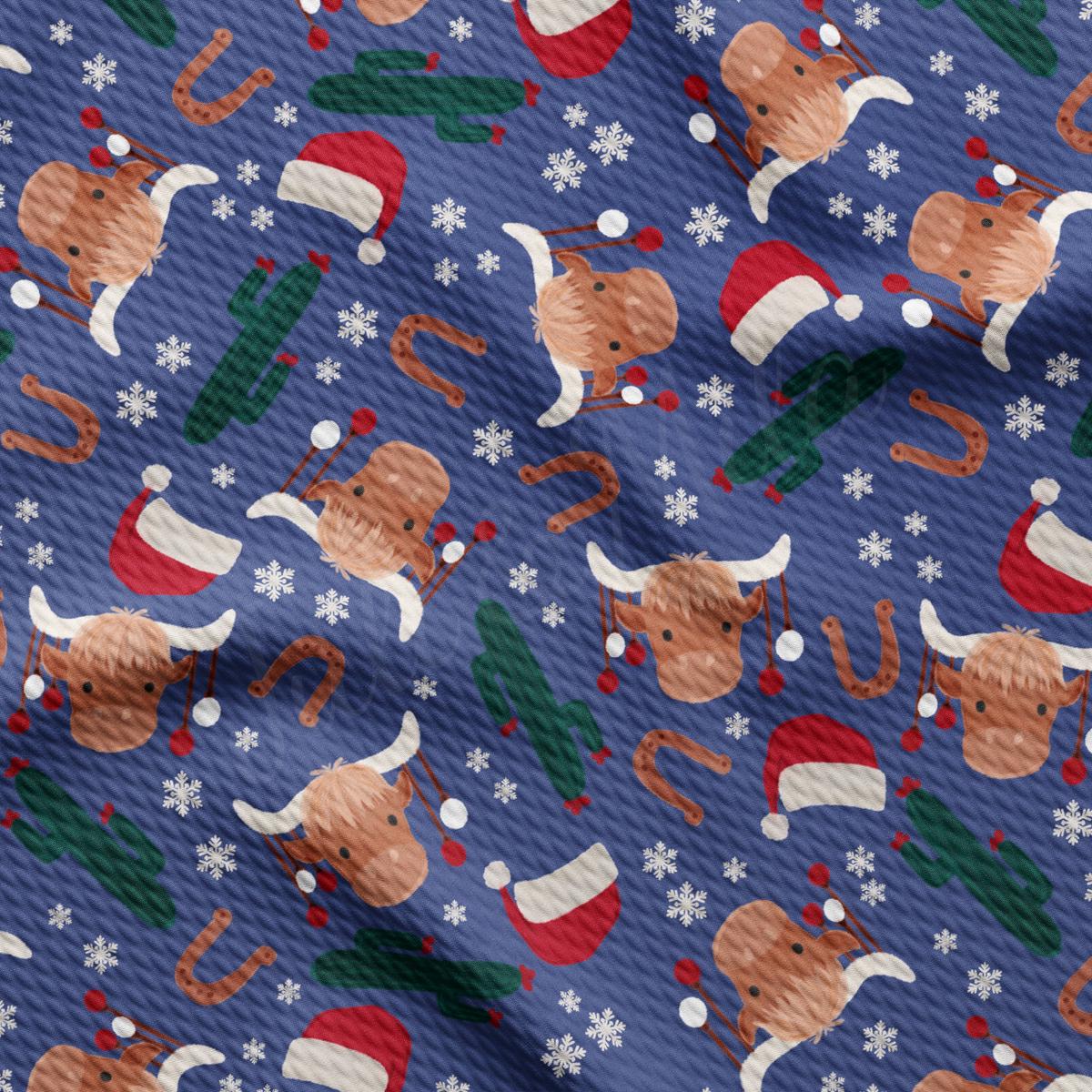 a blue christmas pattern with a dog wearing a santa hat