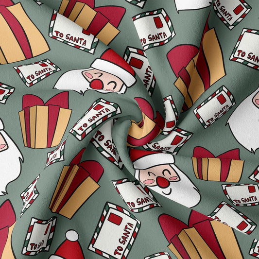 a christmas wrapping paper with santa claus and gifts on it