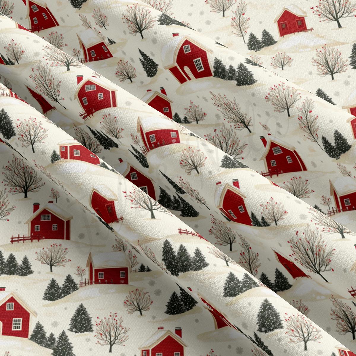 a pattern of red houses and trees on a white background