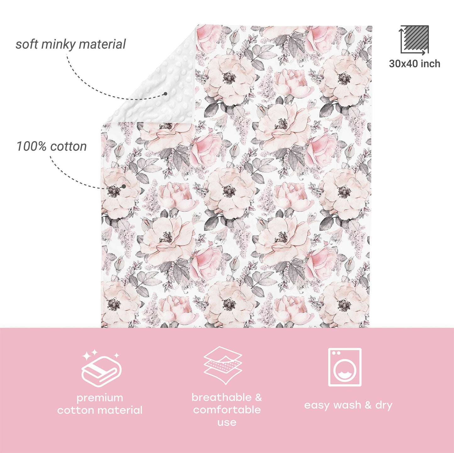 Peonies Baby Blankets for childrens - Swaddle Newborn Receiving Minky Blanket Boy, Blankets for girls