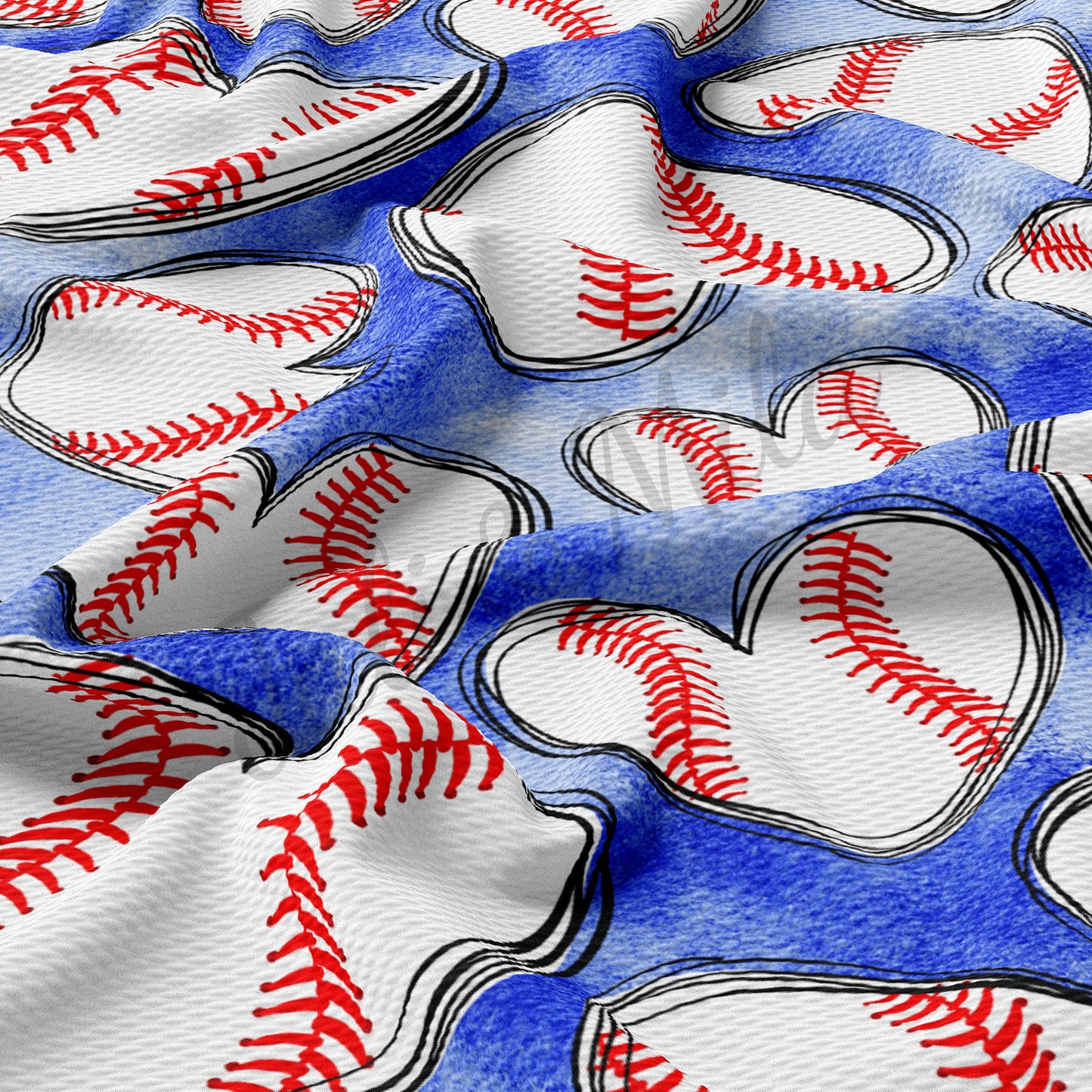 Baseball Hearts Blue Bullet Textured Fabric  AA228