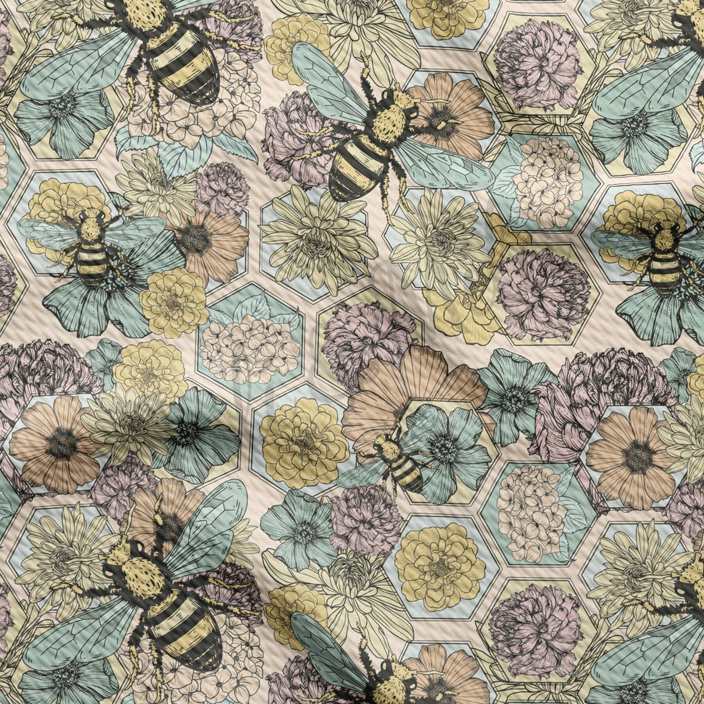 Floral Bees Summer  Bullet Textured Fabric by the yard AA1560