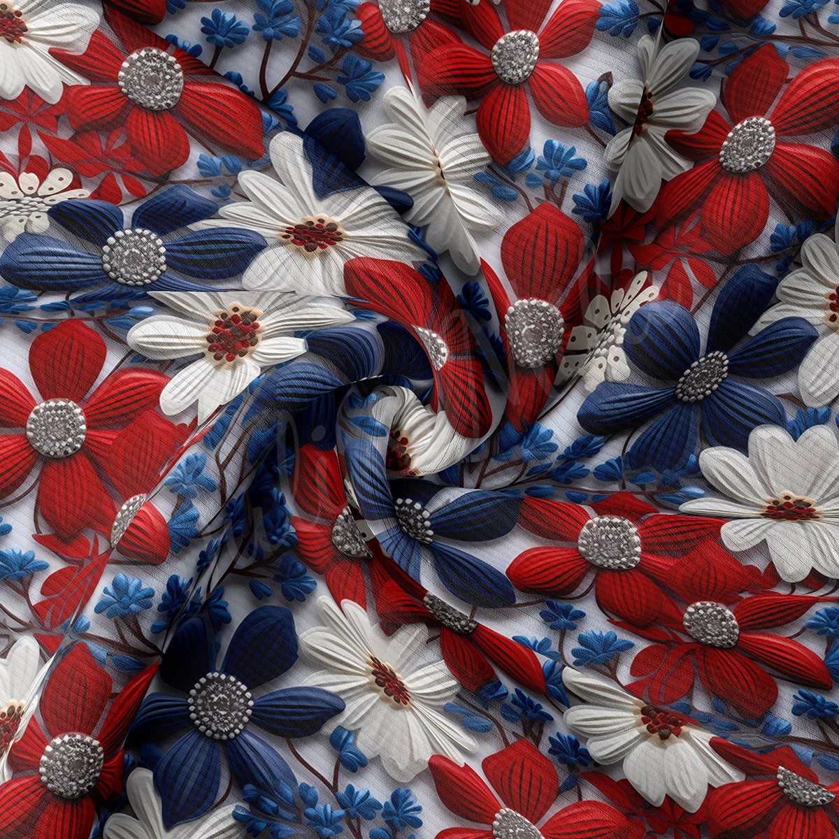 4th of July Patriotic Floral Embroidery Rib Knit Fabric AA1787