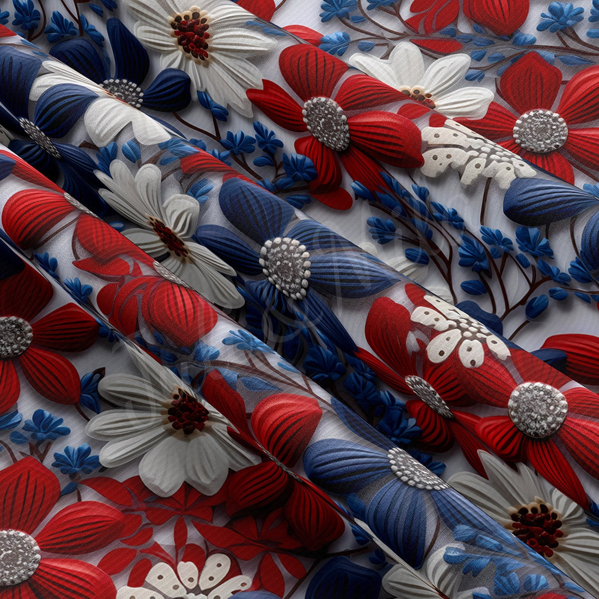 4th of July Patriotic Floral Embroidery Rib Knit Fabric AA1787