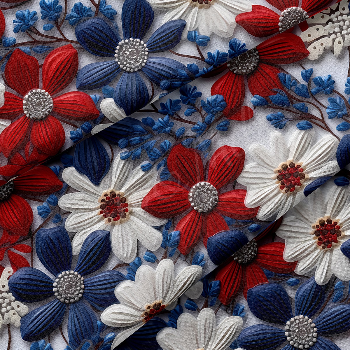 4th of July Patriotic Floral Embroidery Rib Knit Fabric AA1787