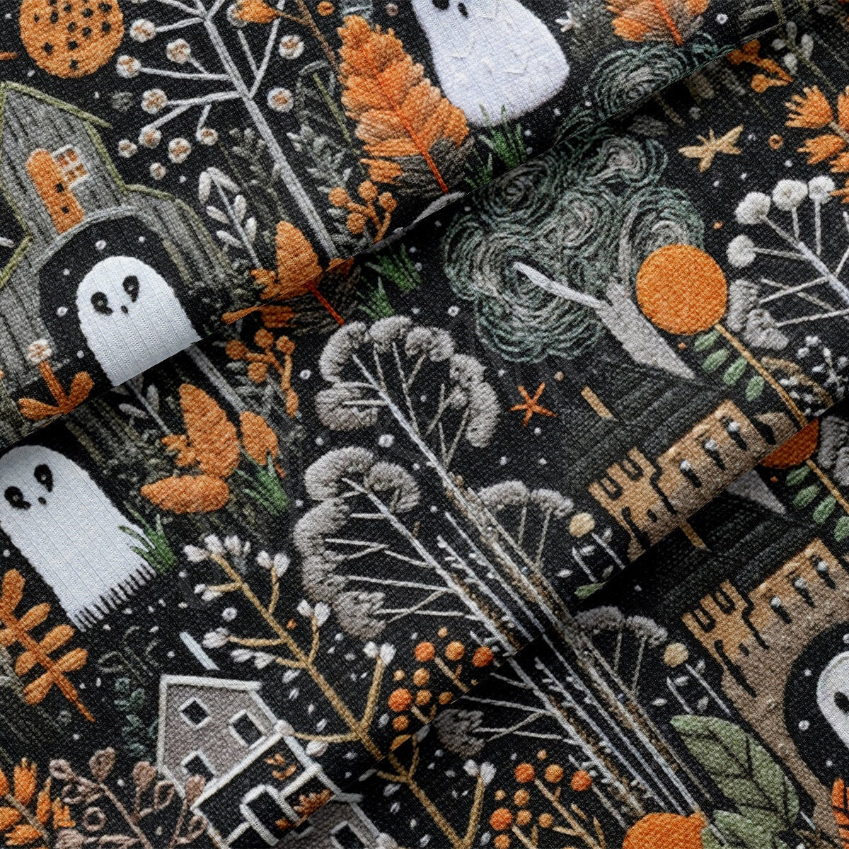 Autumn Fall Halloween Embroidery Rib Knit Fabric RBK1813