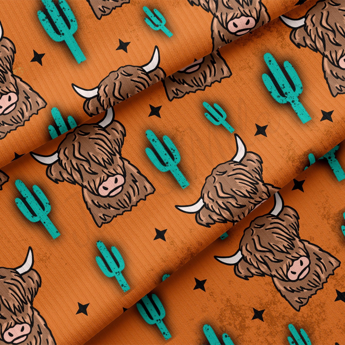 Rib Knit Fabric RBK2568 Bohemian Boho Highland Cow