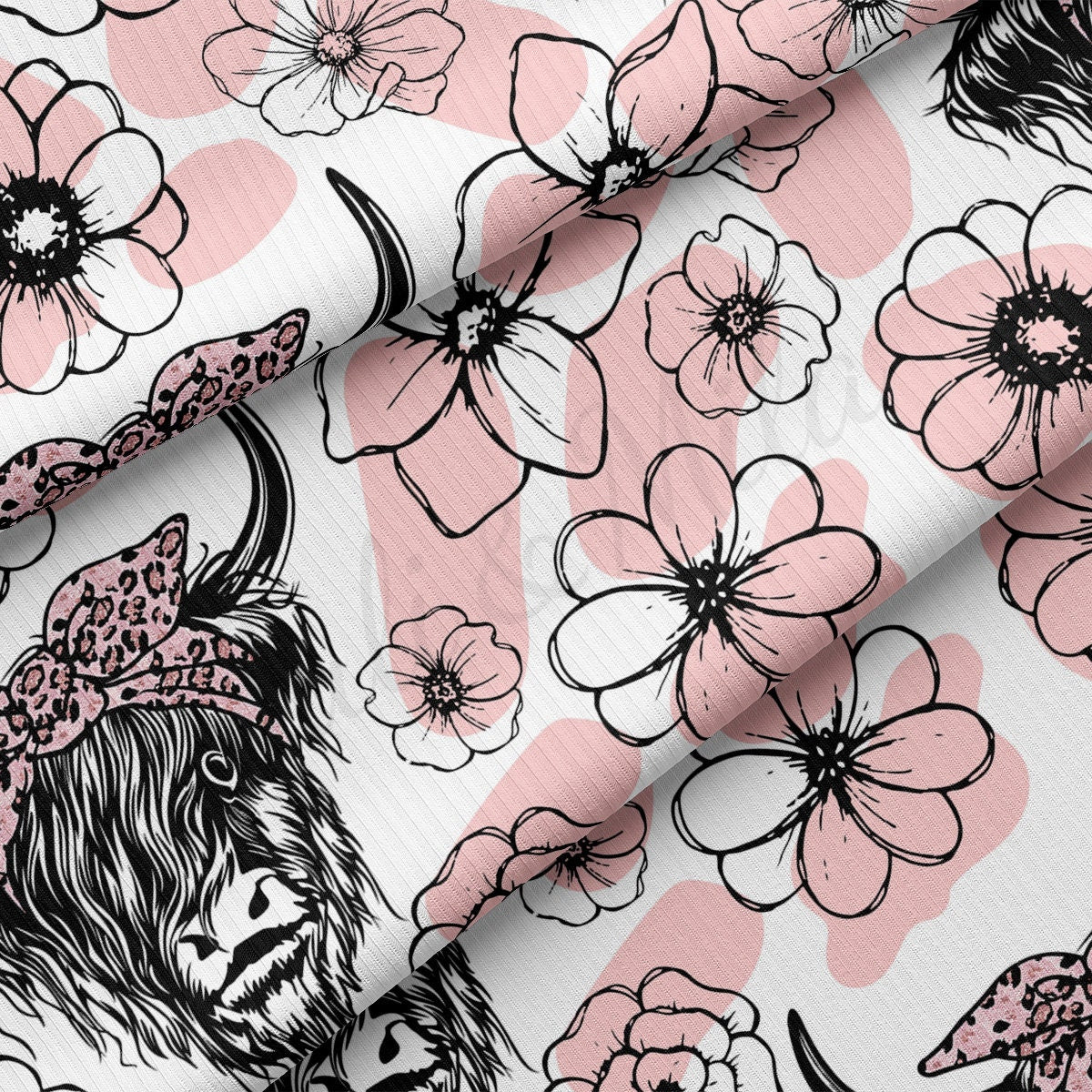 Rib Knit Fabric RBK2571 Highland Cow